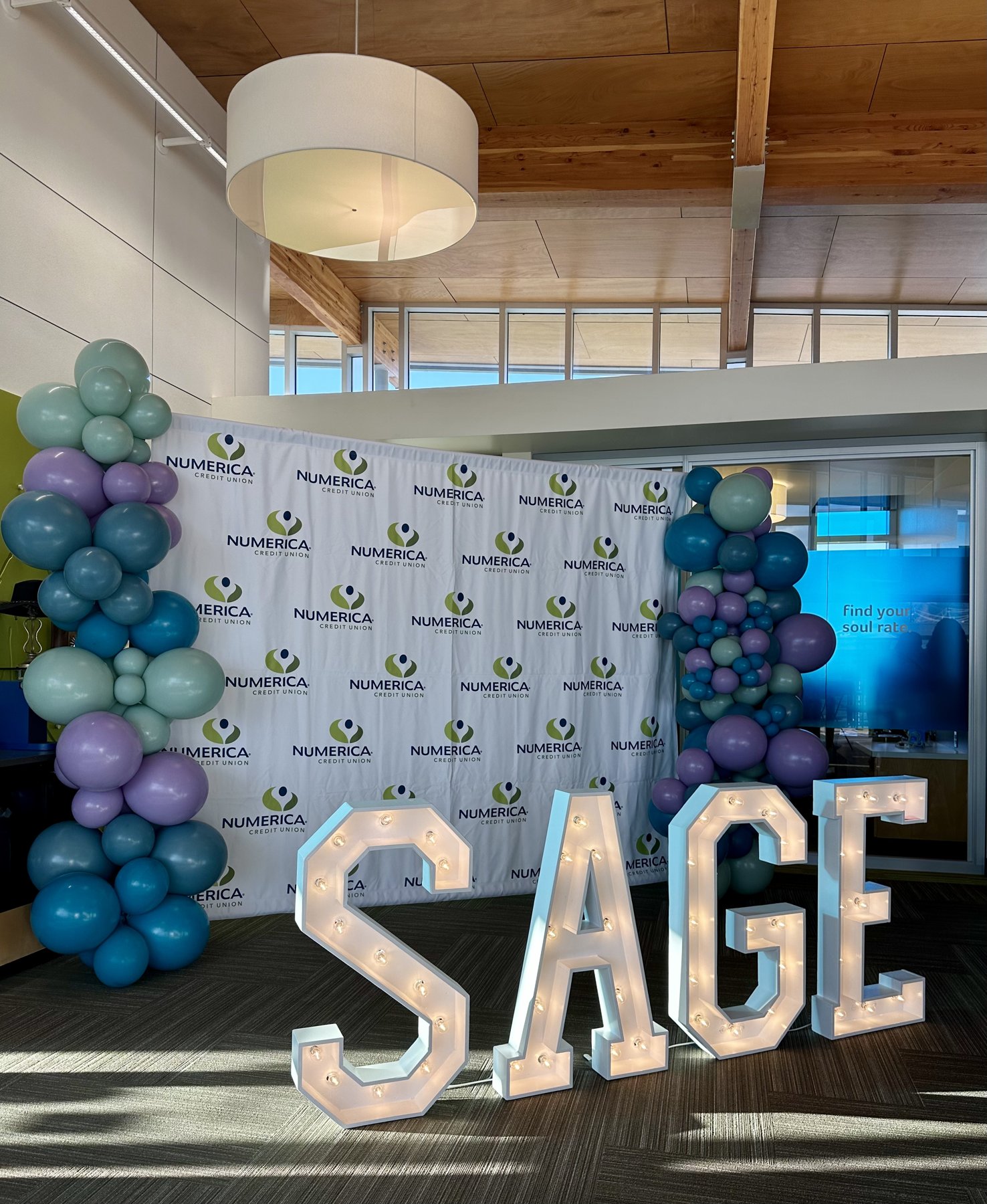 Corporate event rentals with sage linens for Numerica in Wenatchee, Washington