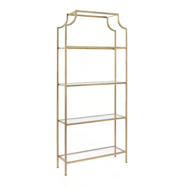 Gold metal étagère display shelf with glass tiers, available to rent for weddings and events in Eastern Washington