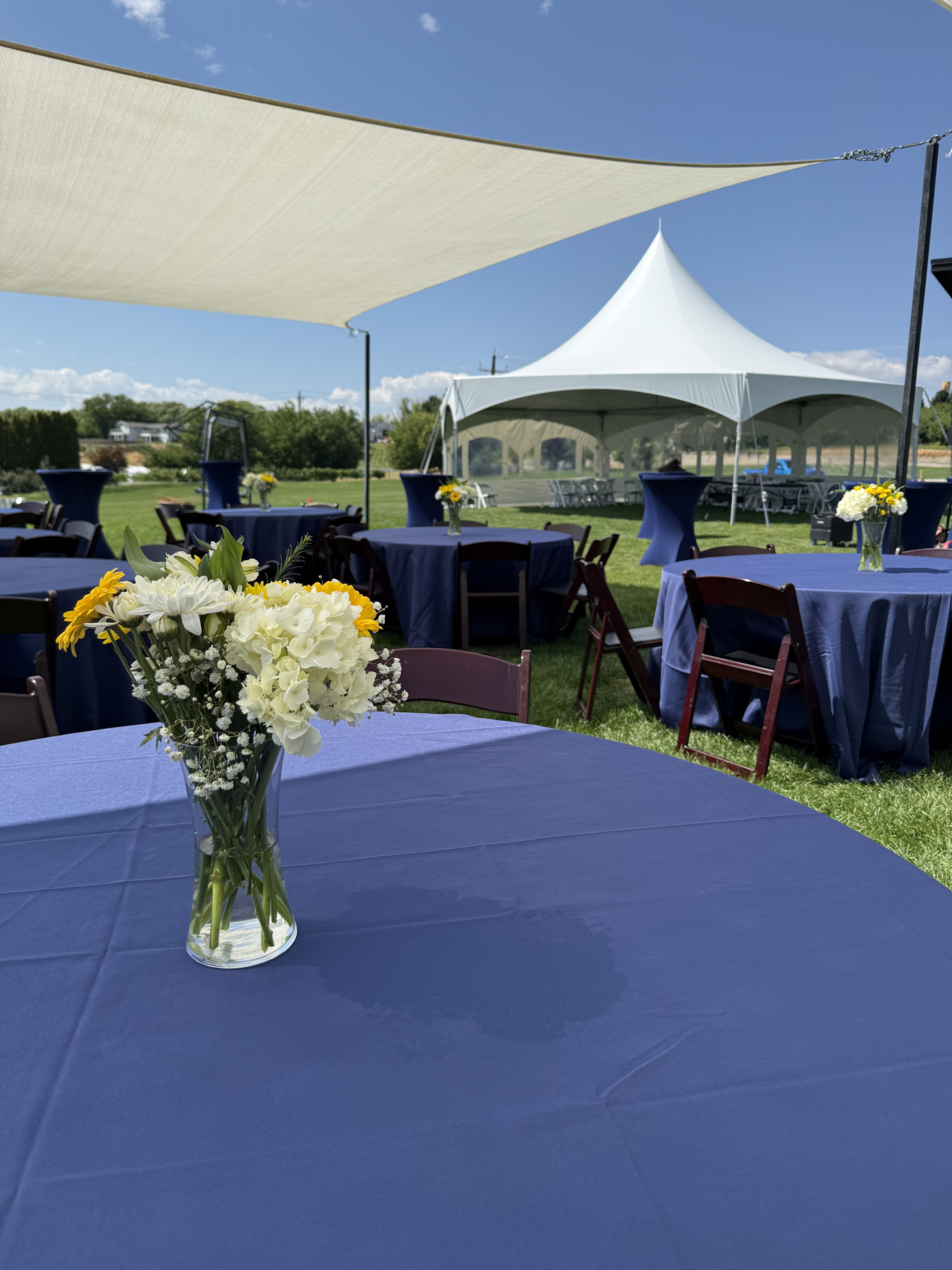 Corporate lawn tent rental with navy linens and banquet tables in Eastern Washington