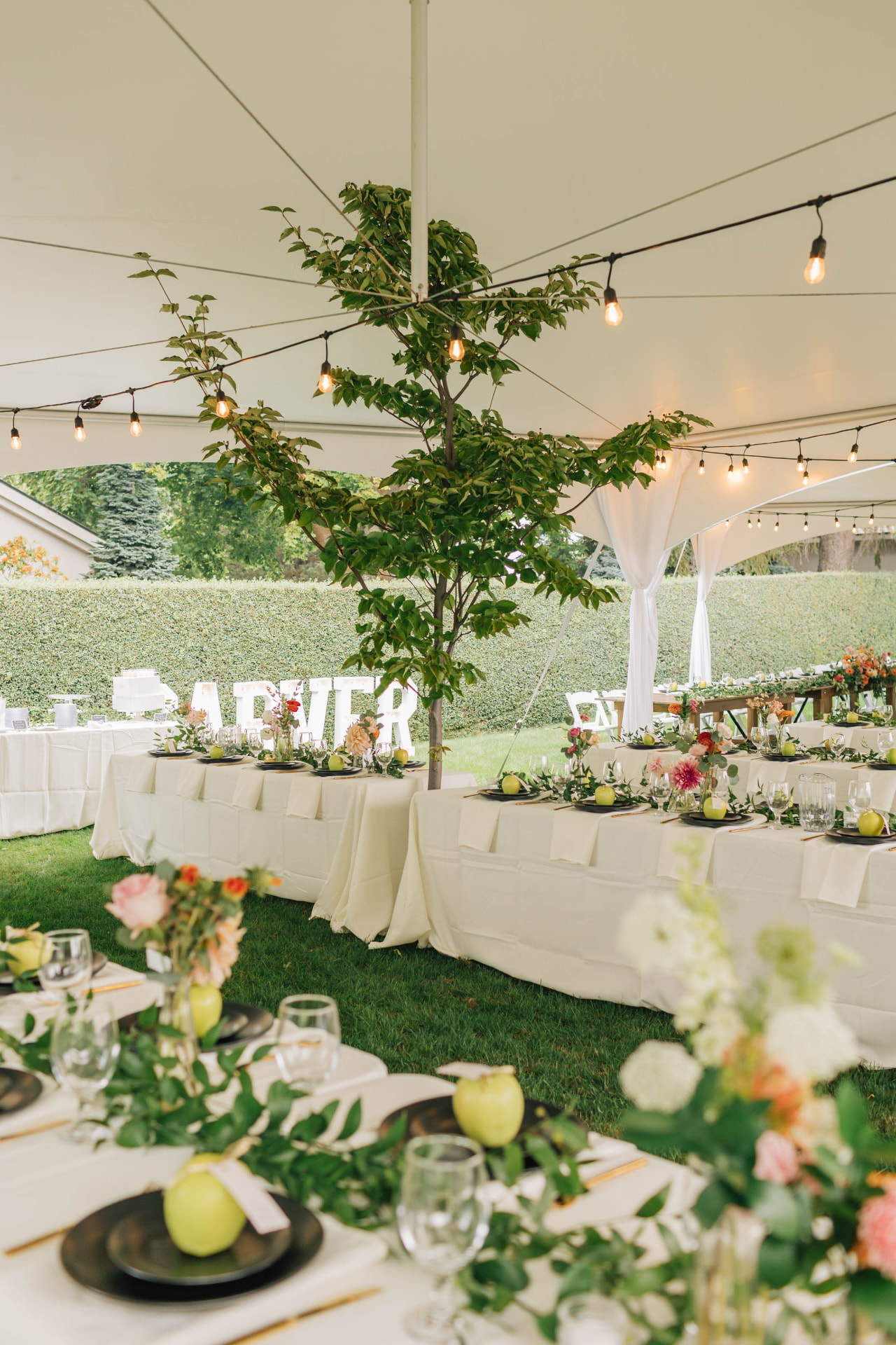 Tent, table and chair rental installation on a rural property in Eastern Washington