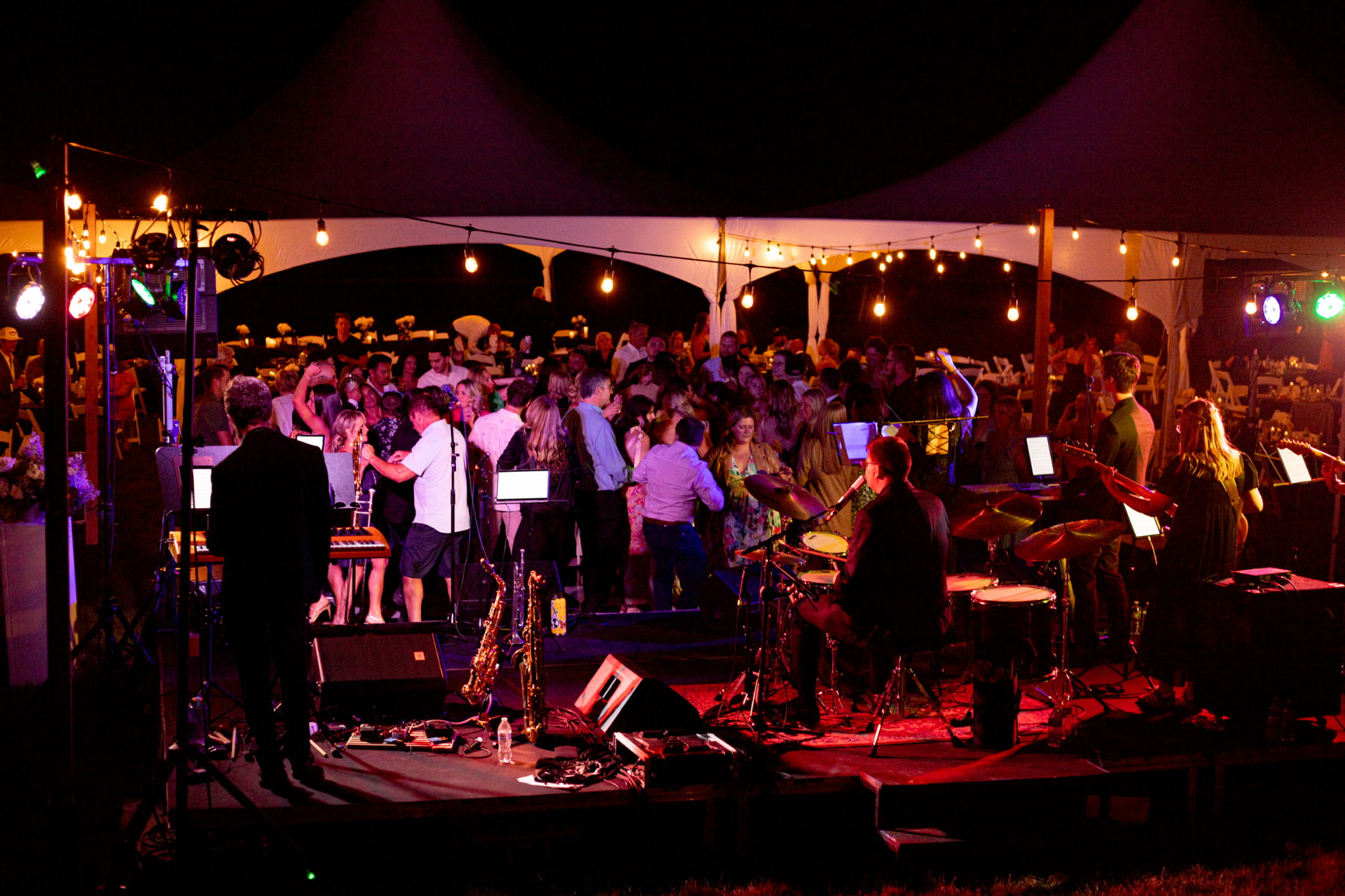 Live band on a rented stage at a wedding reception in Eastern Washington