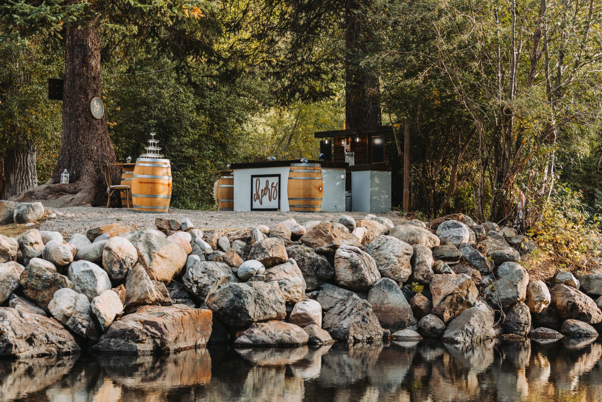 Rustic bar rental set in the forest at Suncadia Resort in Cle Elum, Washington