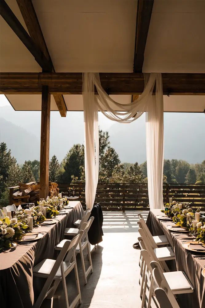 Round banquet tables and chairs set up for an event reception